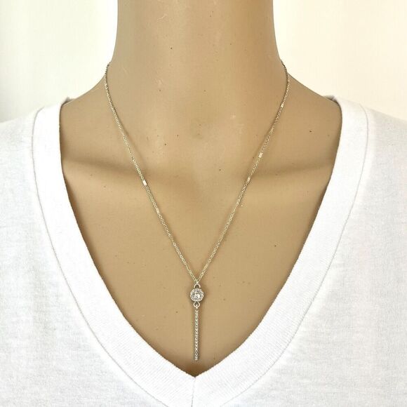 Silver Tone Necklace Rhinestone Bar Pendant 18in Trace Chain - Picture 2 of 12